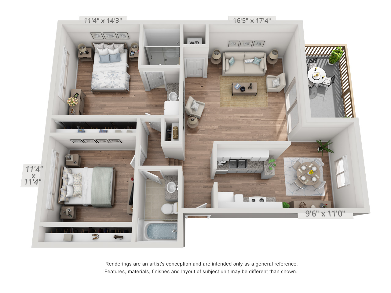 Floor plan for 2 beds, 2 baths, 1065 sqft